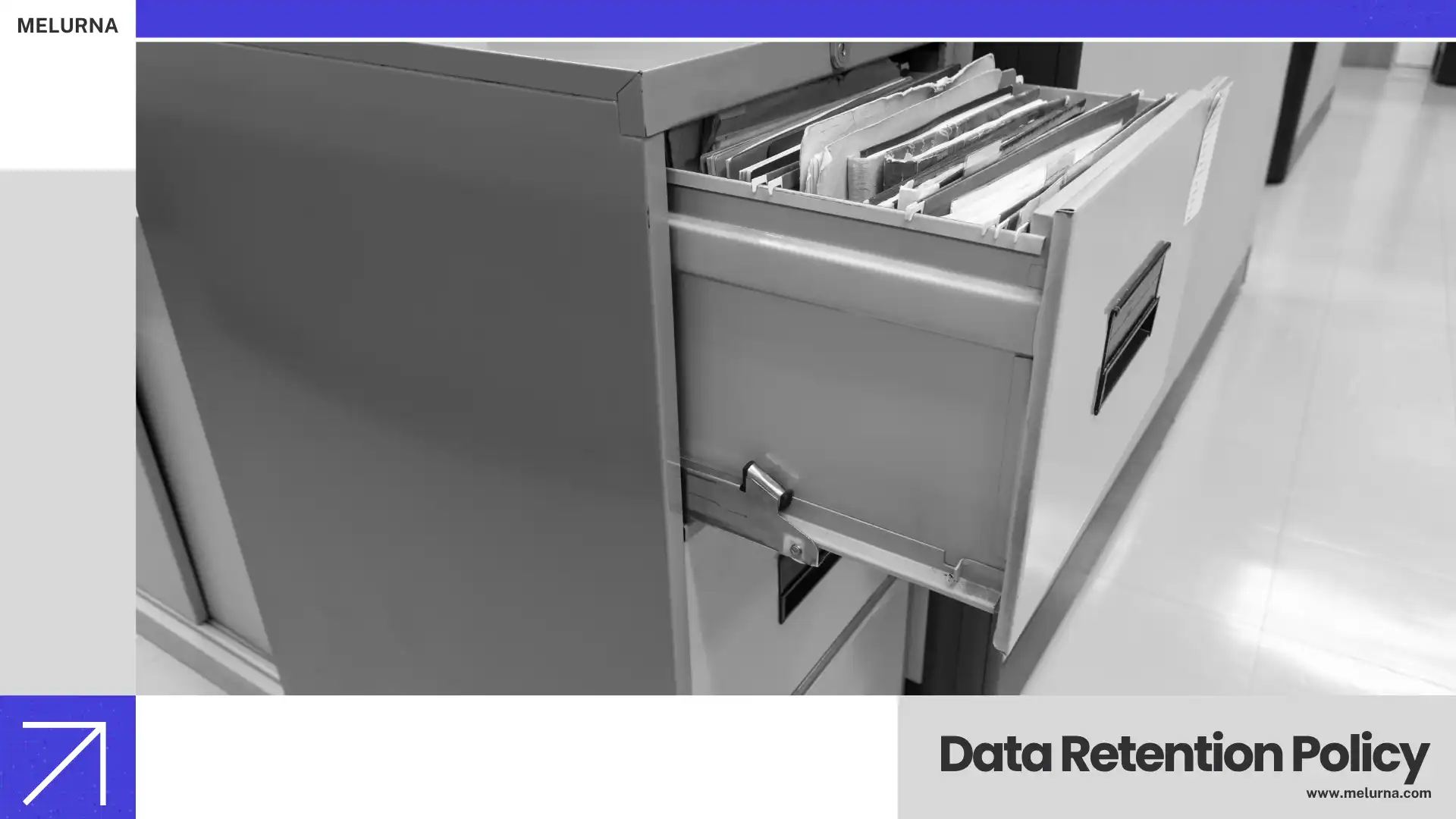 Data retention policy document files stored in an organized filing cabinet drawer