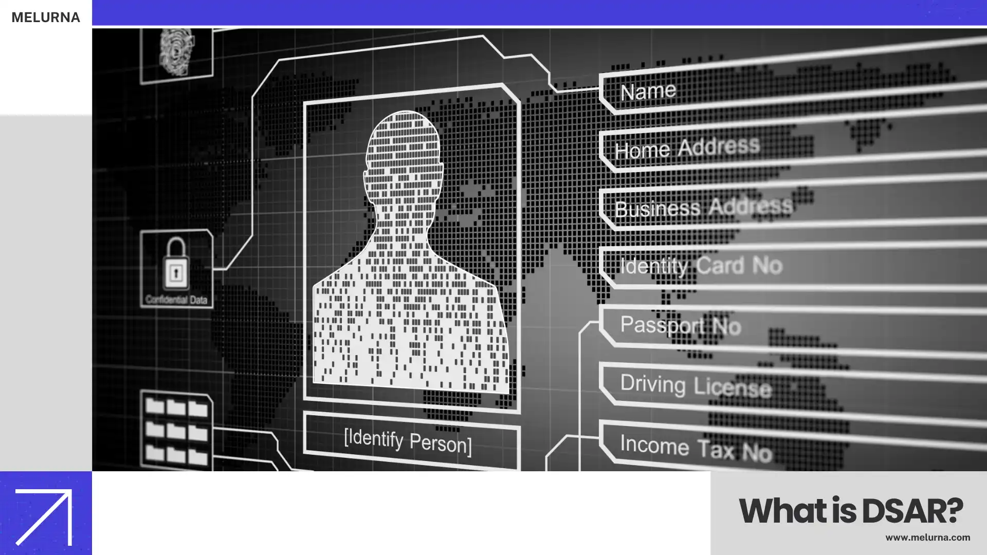 DSAR (Data Subject Access Request) concept showing personal data, identity information, addresses, passport and driving license details in a digital privacy interface.