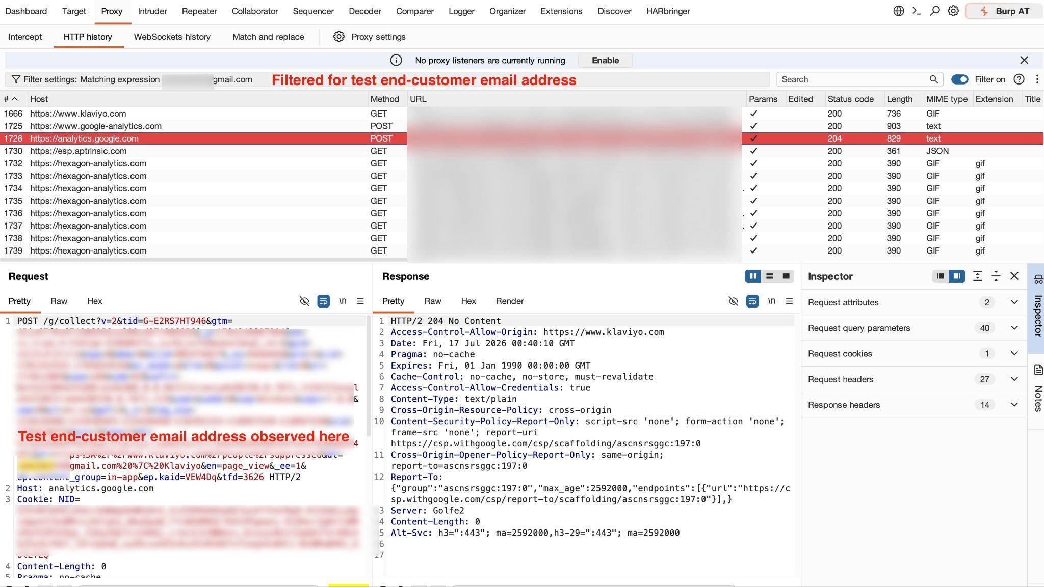 Redacted Google Analytics request from a Klaviyo test customer profile