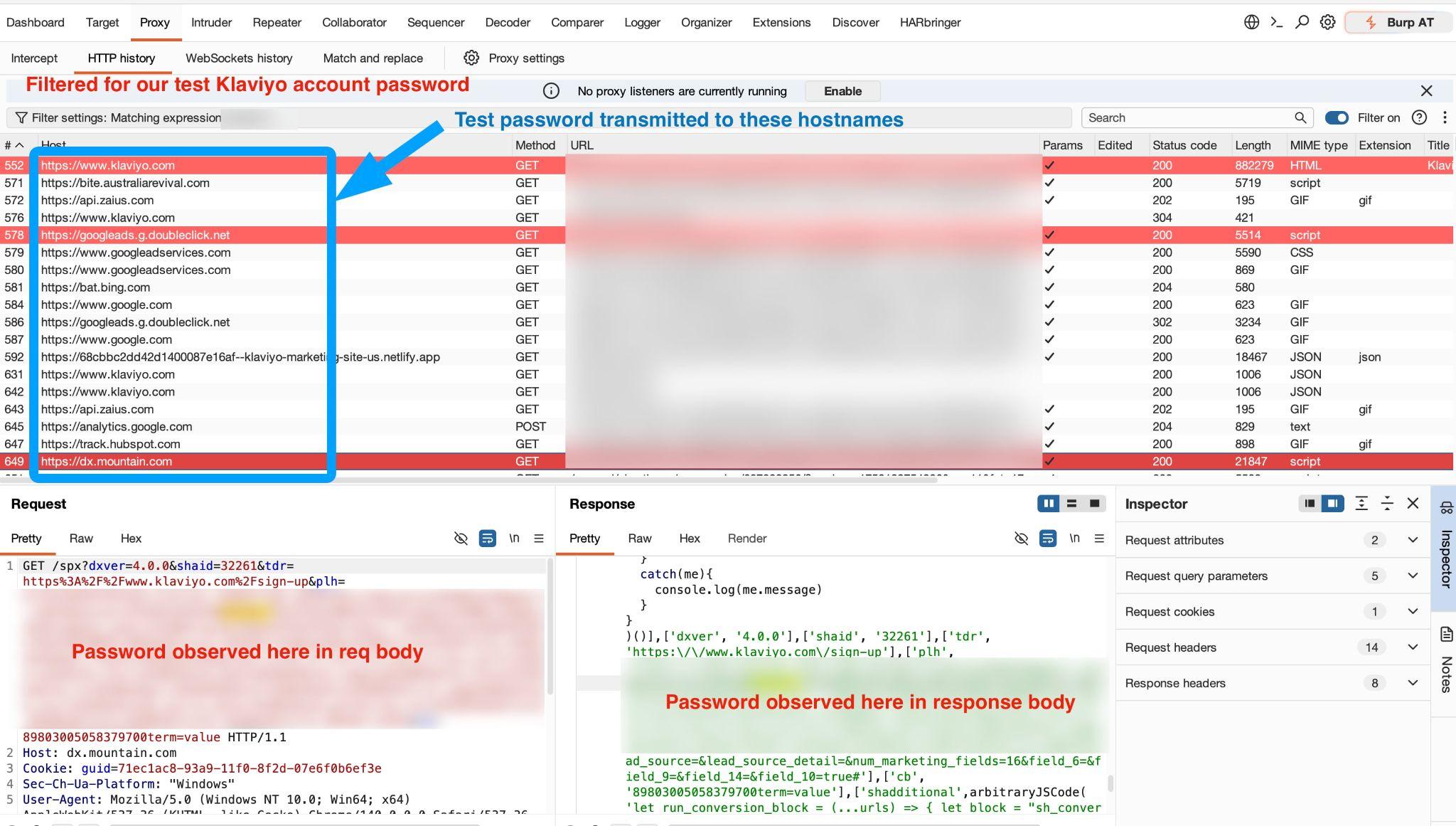 Redacted request evidence showing the Klaviyo sign-up credential transmission