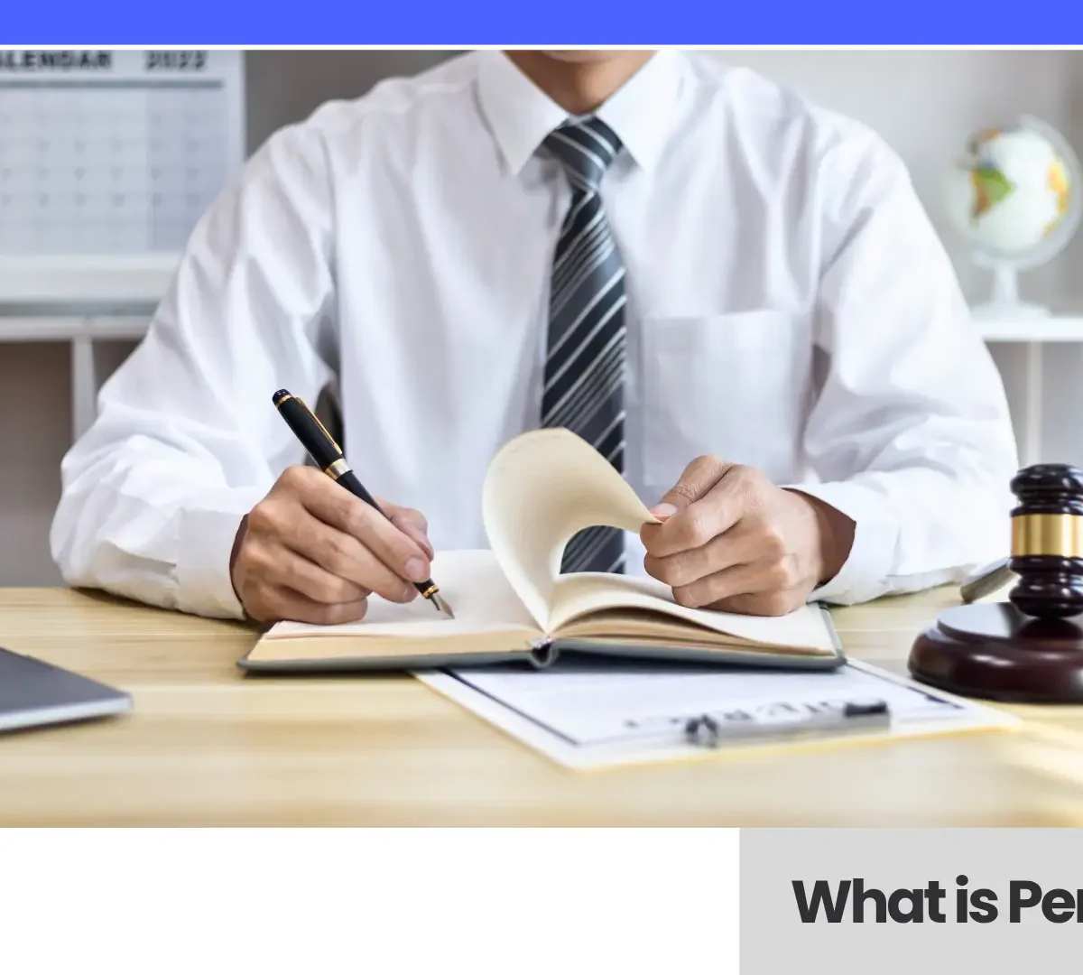 "What Is Pen Register" text alongside a grayscale photo of a person writing in a notebook at a desk with a judge's gavel and scales of justice, introducing the topic of pen registers.