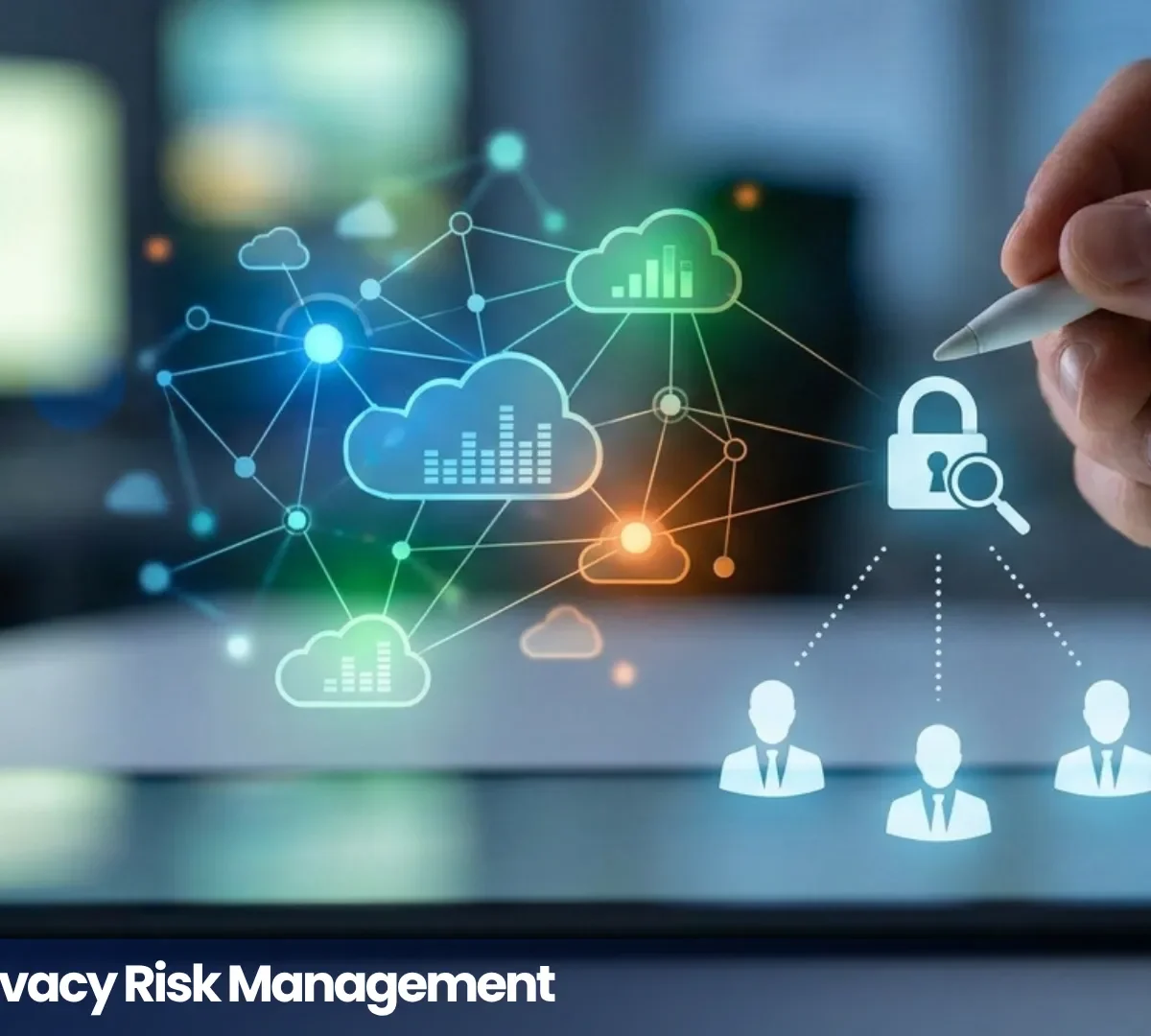 Illustration representing third party privacy risk management, showing connected cloud services, shared data, and user information on a digital device.