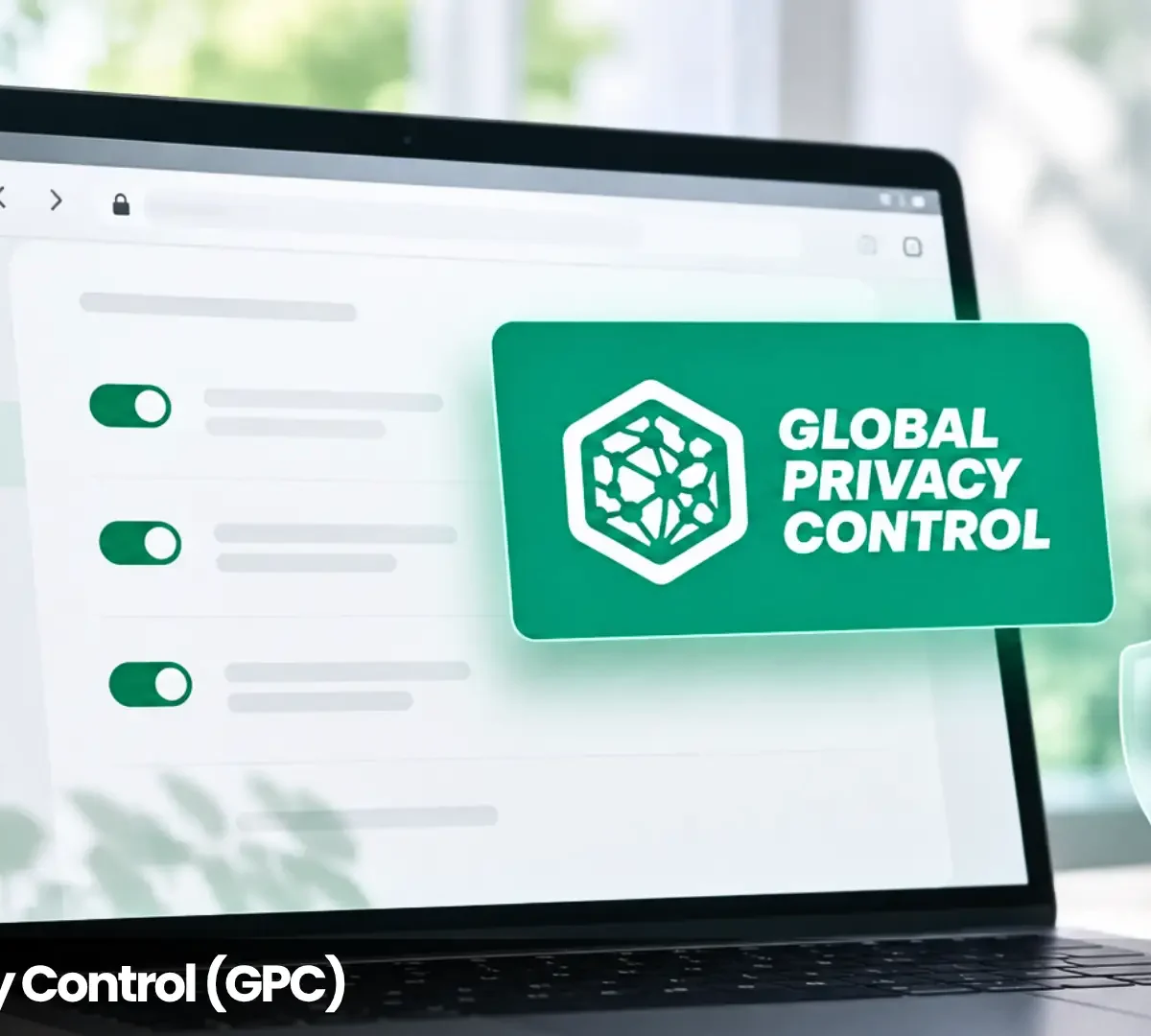 Global Privacy Control (GPC) browser privacy setting on a laptop, illustrating automated opt-out signals for data sharing and sale.