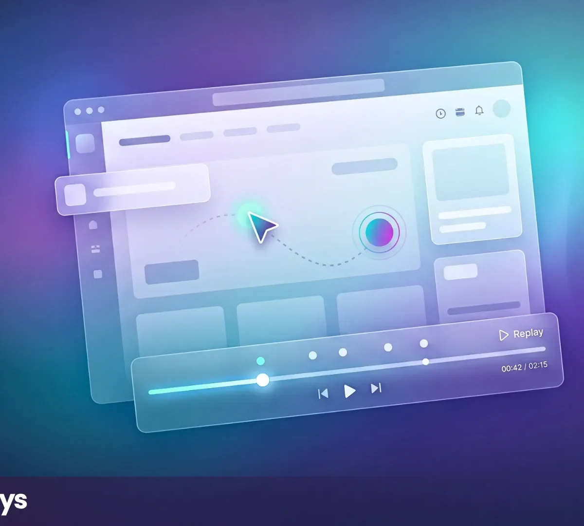 Session Replays interface showing website session recording playback, user cursor tracking, and analytics dashboard
