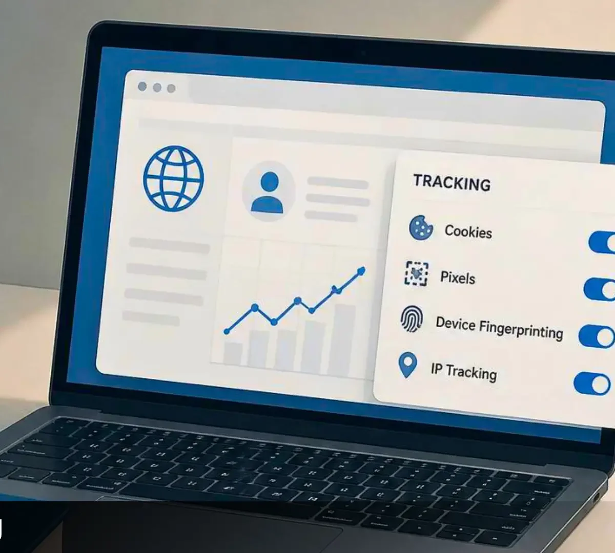 Web tracking illustration showing cookies, pixels, device fingerprinting, and IP tracking on a laptop