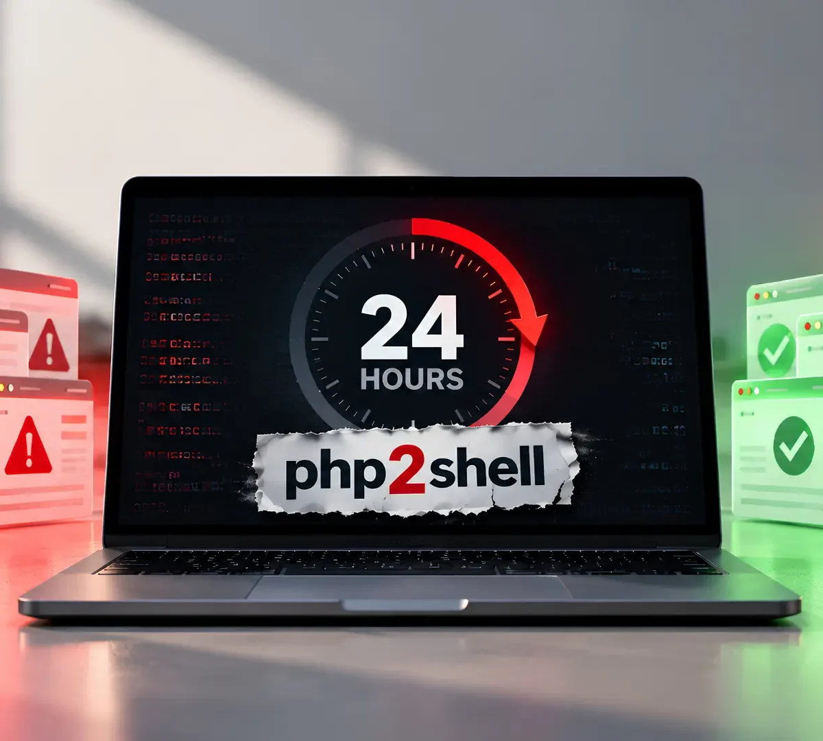 Graphic showing the 24-hour php2shell patch status with a laptop timer, red unpatched warnings, and green secure windows.