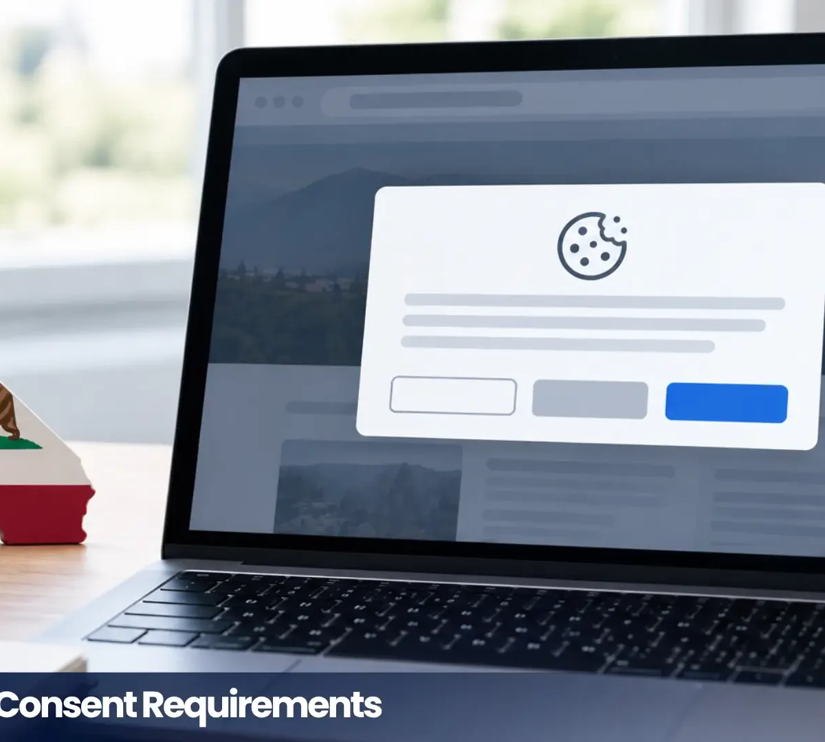 CCPA cookie consent requirements: laptop displaying a cookie consent banner next to a California flag state model