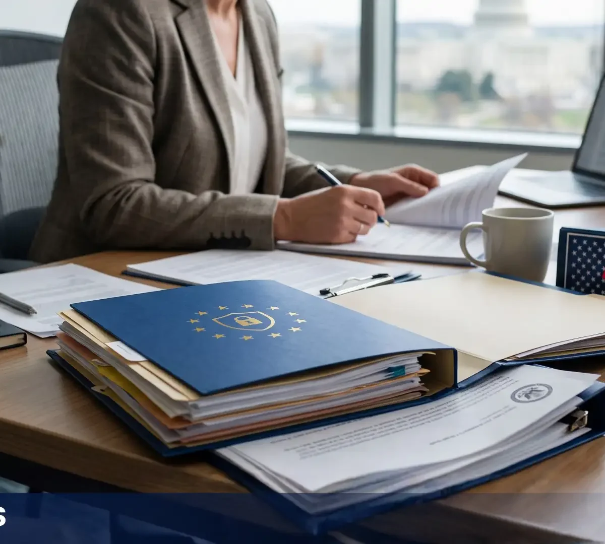 Here is the SEO-optimized alt text for "GDPR in the US.webp": "Business professional reviewing compliance documents at a desk featuring a small American flag and a blue folder with an EU privacy shield, representing GDPR compliance in the United States.
