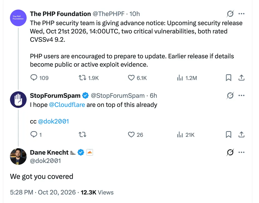X thread showing The PHP Foundation's critical Oct 21, 2026 security alert, with Cloudflare confirming they have it covered.