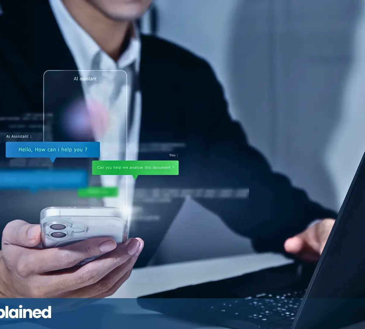 Business professional using a smartphone and laptop with an AI assistant chat overlay, illustrating Shadow AI in the workplace.