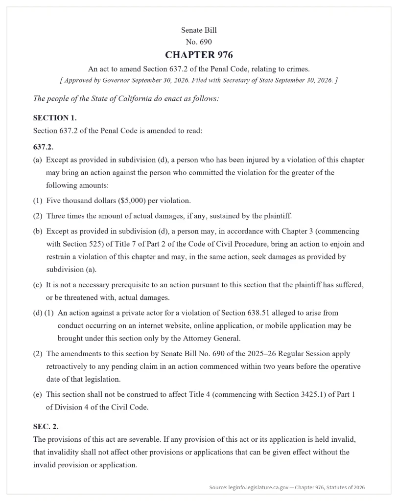 California Senate Bill 690 chaptered text amending Penal Code Section 637.2 on privacy-related legal claims.