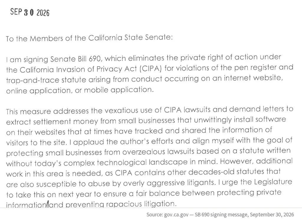 California governor’s September 30, 2026 signing message for Senate Bill 690 addressing CIPA pen register claims.